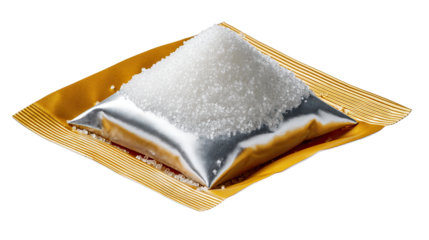 A Pile of Granulated Sugar: A single-use packet filled with a generous pile of granulated sugar, presented against a crisp backdrop, ready to sweeten your day.