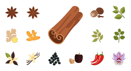 Assortment of various aromatic spices and herbs in a flat illustration style