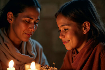 Mother and daughter smiling together in candlelight during intimate spiritual family moment