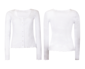 A plain white women’s long sleeve cardigan, transparent background, front and back view. neckline and a row of small buttons down the front