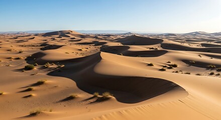 Sweeping panorama of golden sand dunes under a serene azure sky expanse landscape