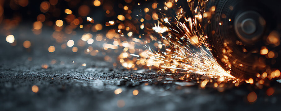 Sparks flying as a grinding tool makes contact with metal on a workshop floor during afternoon hours