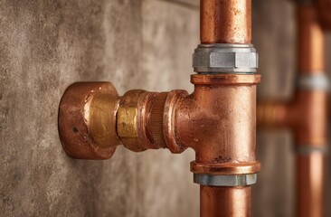 Close-up of a copper plumbing pipe fitting connected to a wall with textured , showing metallic sheen and industrial design