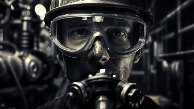 A Gritty Industrial Portrait: The Intense Gaze of a Masked Worker