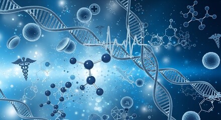Abstract representation of dna strands molecules and medical symbols on a blue background
