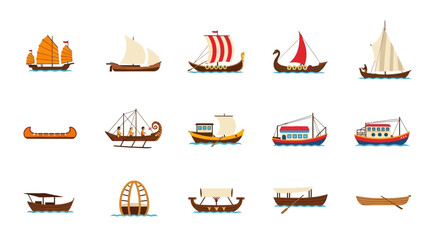 Collection of Diverse Vintage Boats and Ships:  Detailed Illustrations of Historical Vessels