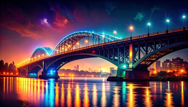 Vibrant Illuminated Bridge Over River at Night.