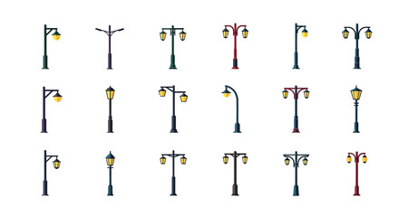 Collection of Flat Design Street Lamps with Various Styles