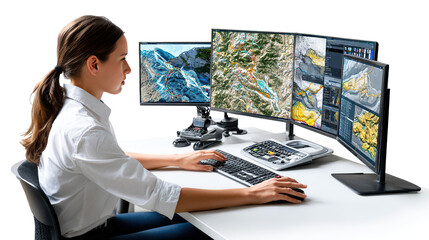 Focused Workflow: A focused woman, seated at a desk, meticulously works, surrounded by multiple monitors displaying a dynamic array of data.