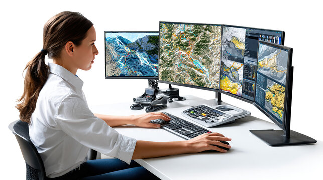 Focused Workflow: A focused woman, seated at a desk, meticulously works, surrounded by multiple monitors displaying a dynamic array of data.