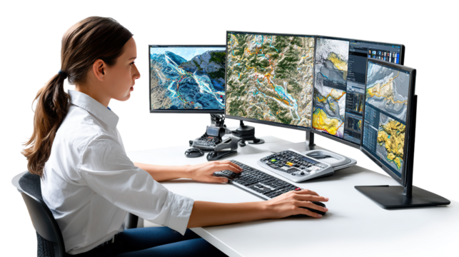Focused Workflow: A focused woman, seated at a desk, meticulously works, surrounded by multiple monitors displaying a dynamic array of data.
