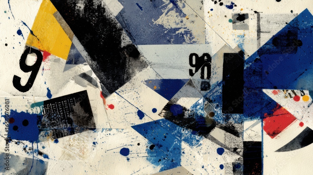 Poster Abstract Composition Featuring Dynamic Shapes and Bold Colors in a Structured Arrangement Created Through Mixed Media Techniques