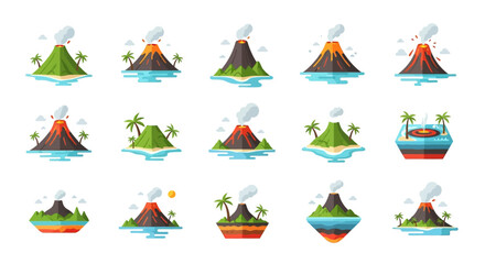 Collection of Flat-Style Volcanic Island Illustrations