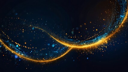 Fototapeta premium Intertwined Golden Light Trails with Blue Bokeh on Dark Blue Abstract background bright
