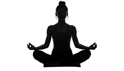 Minimalist yoga pose silhouette in lotus position, calm meditation figure, isolated on transparent background