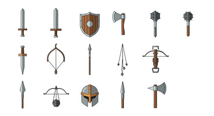 Collection of Medieval Weapons and Armor: Swords, Axes, Bows, Crossbows, and More