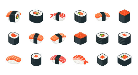 Collection of Isometric Sushi Illustrations: Maki, Nigiri, and Gunkan Styles with Salmon, Shrimp, and Caviar