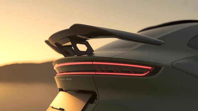 A car's rear featuring a spoiler and illuminated taillights against a blurred background silhouette