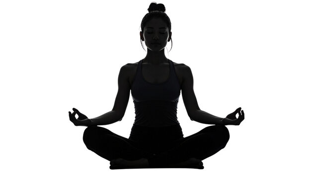 Minimalist yoga pose silhouette in lotus position, calm meditation figure, isolated on transparent background