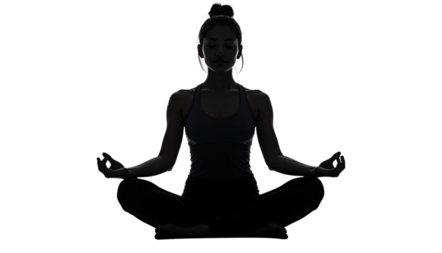 Minimalist yoga pose silhouette in lotus position, calm meditation figure, isolated on transparent background