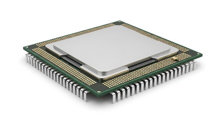 A close up shot of a central processing unit chip on a white background in a studio setting