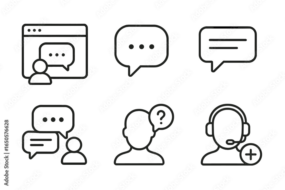 Poster chat and communication icons set featuring messaging and support symbols