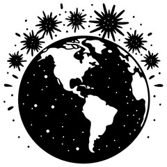 Earth surrounded by fireworks silhouette vector illustration