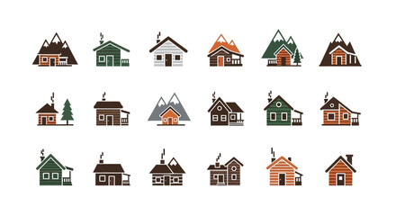 Collection of Rustic Wooden Cabin Icons with Mountain Scenery