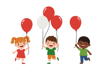 Three cartoon kids holding balloons of red and white colors