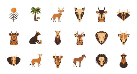 Collection of Stylized Animal and Plant Icons in Earthy Tones