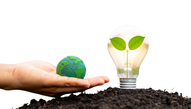 Illuminated light bulb with growing plant inside representing environmental innovation and green technology solutions isolated on solid white background Png