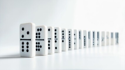 A pristine line of white dominoes with black pips, arranged in a receding perspective against a clean white background.