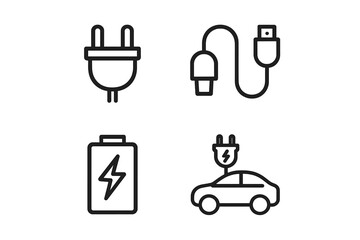 Electric symbols: plug, cable, battery, electric car icons for technology and energy concepts