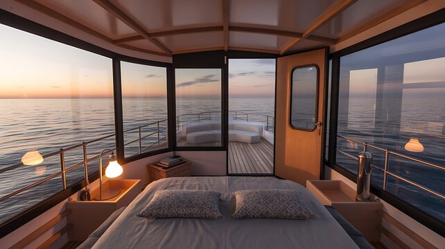 Interior view of a boat cabin with a bed and ocean view at sunset through large windows and open door 