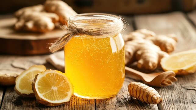 Ginger honey drink in glass jar on rustic wooden table with lemons and turmeric - Powered by Adobe