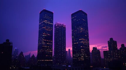 Naklejka premium City skyline at twilight with illuminated skyscrapers.