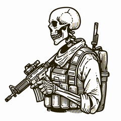 Obraz premium A Skeleton airsoft play. Retro Vintage Line Art Clipart Silhouette Vector Illustration. bony skirmish tactical game human simulation with replica gun.