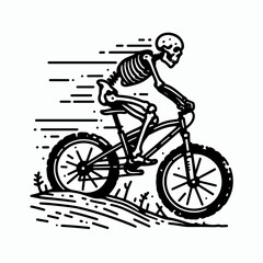 Fototapeta premium A Skeleton allterrain riding. Retro Vintage Line Art Clipart Silhouette Vector Illustration. Boney figure travels ground using motorized vehicle for outdoor journey.