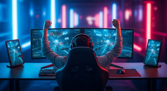 Gamer Celebrating Victory in Neon Gaming Setup with Dual Monitors  
