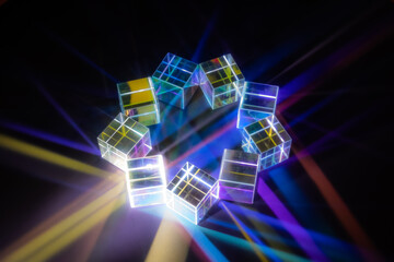 Crystal cube prism with refraction and holographic effect on dark background