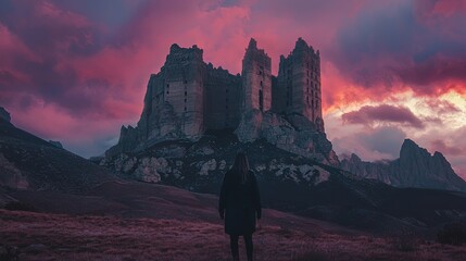 Ruined castle stands on a mountain ridge at sunset.