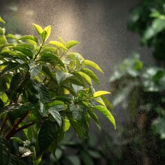 Close up of wet leaves with water spray