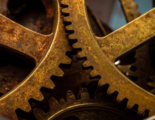 Close-up of three interlocking, rusty gold gears