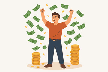 Happy man celebrating success with money rain. Rich businessman winner standing under falling cash and coins. Financial freedom, lottery win, wealth concept vector illustration.