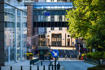 European Economic and Social Committee building in Brussels, Belgium, featuring a glass skybridge...