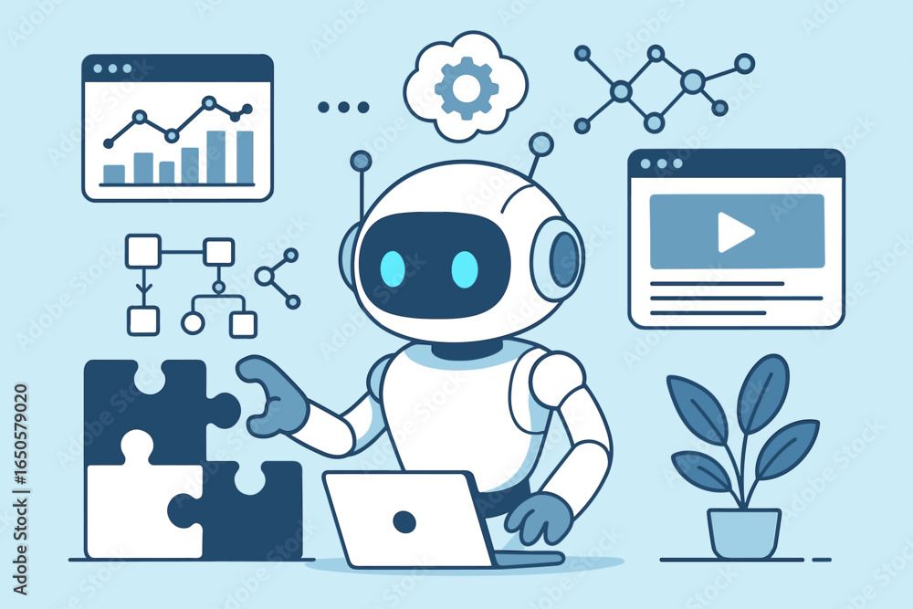 Aufkleber artificial intelligence bot with laptop connects puzzle. metaphor for problem solving, data analysis