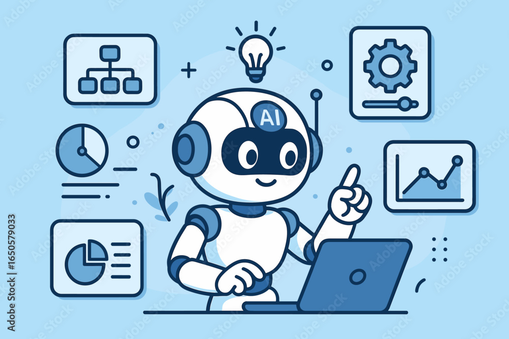 Aufkleber artificial intelligence robot with laptop doing data analysis. ai bot helper for business automation