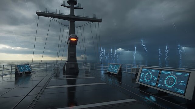 A ship deck with radar screens and a tall mast during a lightning storm at sea with dark clouds silhouette