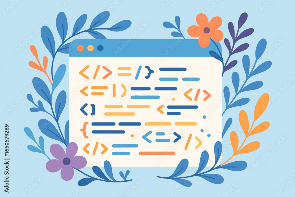 Aufkleber coding and nature harmony concept. web development screen with floral decoration. technology meets n
