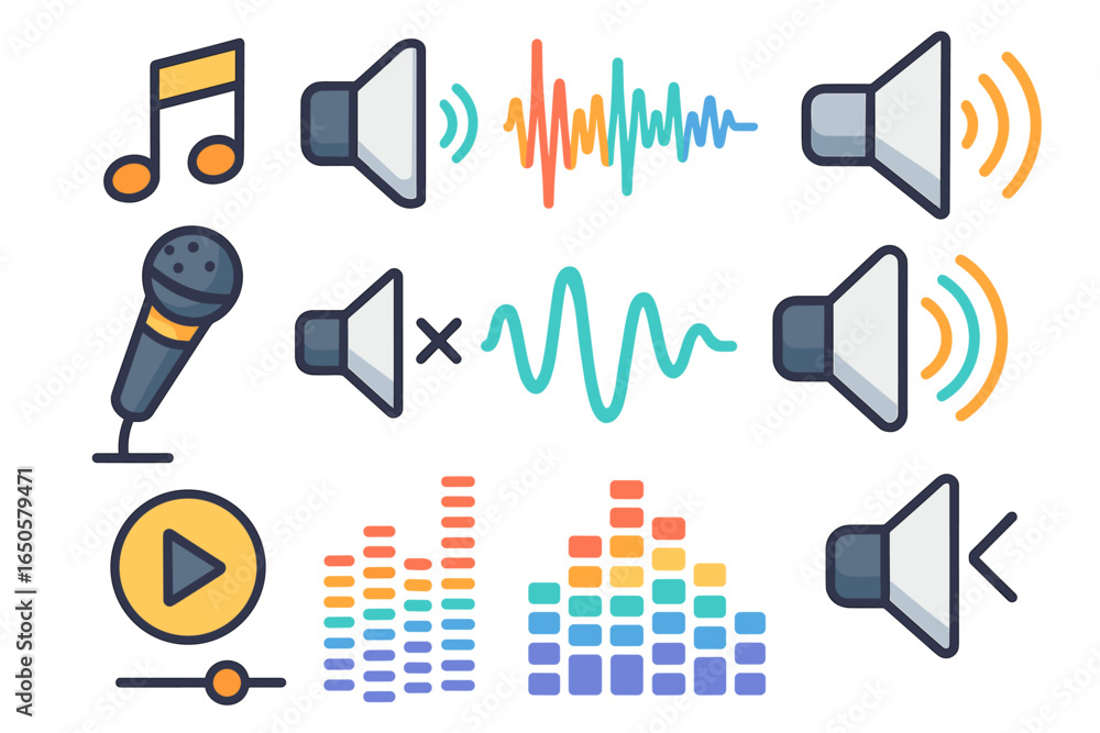 Poster audio sound music icon set. vector graphic elements collection with speaker, microphone, volume wave